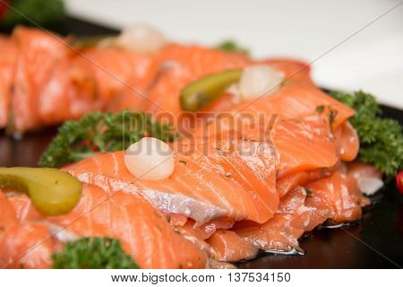 Closeup on slice of smoked salmon background