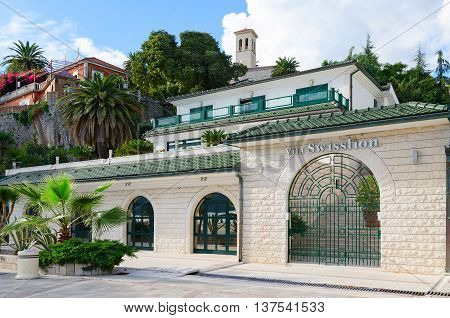 HERCEG NOVI MONTENEGRO - SEPTEMBER 25 2015: Hotel Vila Swisslion on promenade of popular resort town of Herceg Novi Montenegro