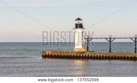 North Pier Outer Lighthouse and catwalk, in Lake Michigan, at St. Joseph / Benton Harbor, Michigan.