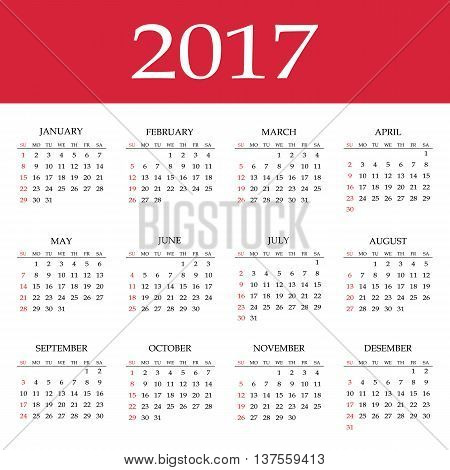 Calendar 2017. Simple flat design vector template.