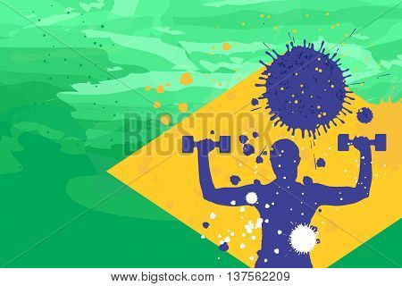 Young woman training with two dumbbells on the brazil flag colors background fithess motivation concept vector illustration