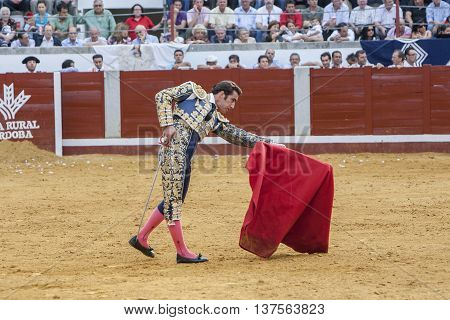 Pozoblanco Spain - September 23 2011: The Spanish Bullfighter David Fandila El Fandi bullfighting with the crutch in the Bullring of Pozoblanco Spain