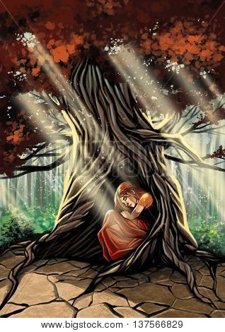 Illustration of young girl sleeping in the tree
