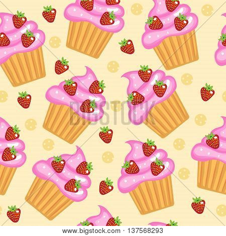 Muffins cupcakes seamless texture. Delicious Cake background. Baby Kids wallpaper and textiles. Vector illyustration