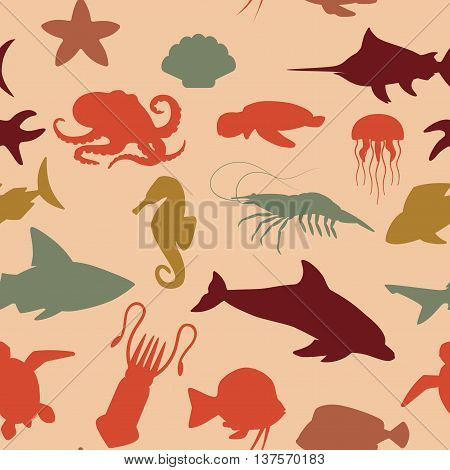 seamless pattern with silhouettes of different aquatic animals