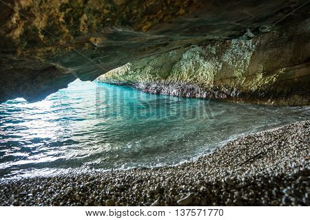 Cave On The Dafnoudi Beach On Kefalonia Island, Greece