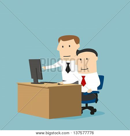 Teamwork and assistance business concept design usage. Concentrated cartoon businessman and boss are working together on a project using desktop computer