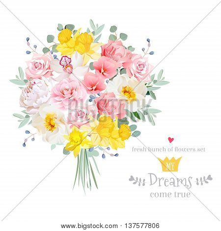 Lush bright spring flowers vector design set. Colorful floral bouquet object. All elements are isolated and editable.