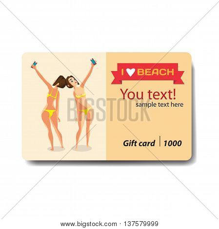 Brunette woman dressed in yellow swimsuit is standing and makes selfie. Back front view. Sale discount gift card. Branding design for smartphones and accessories shop