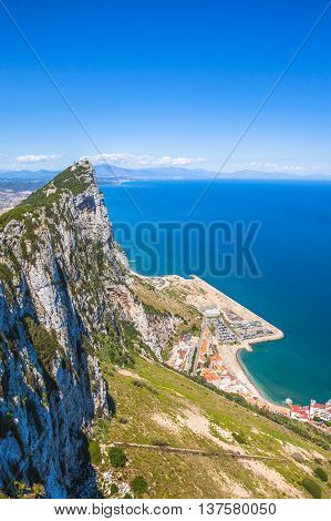Aerial view of top of Gibraltar Rock. Gibraltar is a territory of South West Europe which is part of the United Kingdom.