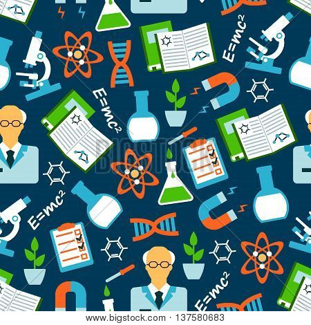 Seamless background of science research and education with flat pattern of scientists, books and microscopes, laboratory flasks and plants, physical and chemical formulas and models of DNA and atom, experiment results and magnets