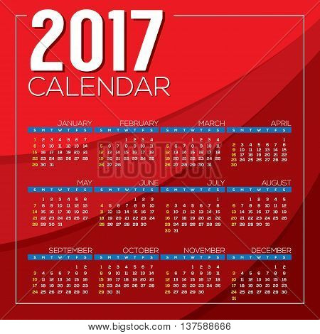Modern Abstract 2017 Printable Calendar Starts Sunday Red Background Vector Illustration. EPS 10