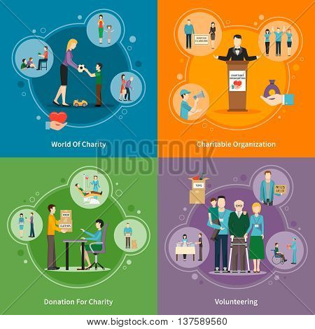 Charity donation volunteering and charitable organizations 2x2 icons set on bright colorful background flat isolated vector illustration