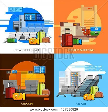 Airport interiors 2x2 flat design concept set of checkin security screening and departure lounge compositions vector illustration