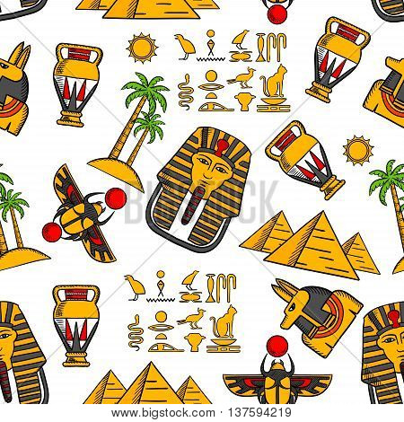 Seamless pattern of ancient egyptian hieroglyphics, pharaoh masks and god of death anubis, desert landscape with pyramids, palms and sun, scarab amulets and amphoras on white background