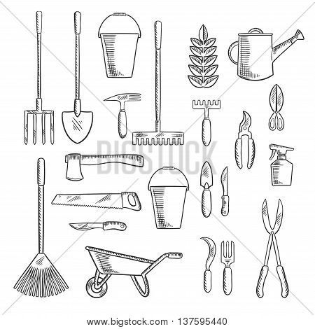 Watering can and plant with gardening hand tools sketches of rakes, shovel, axe and saw, spading fork, wheelbarrow and buckets, trowel, forks, knives and shears, pruners and sprayer