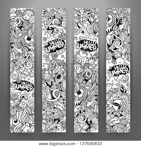 Cartoon line art vector hand drawn doodles summer corporate identity. 4 Verical banners design. Templates set