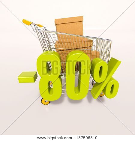 3d render: shopping cart and green 80 percentage discount sign on white