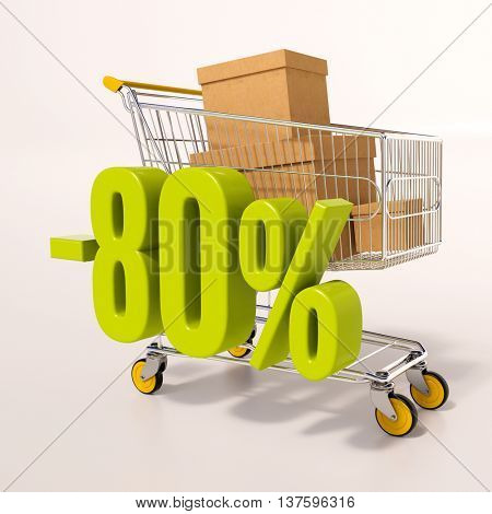 3d render: shopping cart and green 80 percentage discount sign on white
