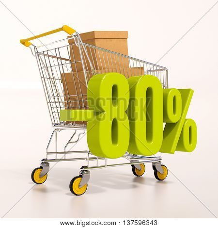 3d render: shopping cart and green 80 percentage discount sign on white