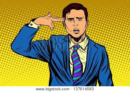 Portrait of man making gun gesture to the head. Pop art retro vector, realistic hand drawn illustration.