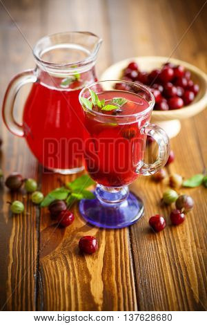 cold compote of red ripe cherries with a sprig of mint