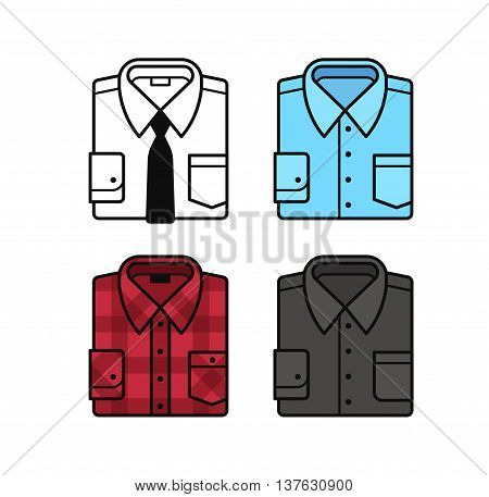 Set of folded dress shirt illustrations. White with black tie blue black and red plaid shirt. Flat vector line icons.