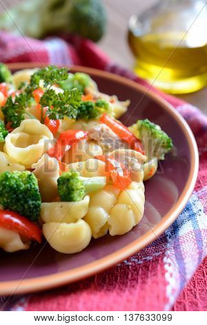 Pasta salad with chicken meat, broccoli, chilli and peppers