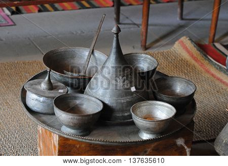 Traditional copper crockery in Lahic village of Azerbaijan.