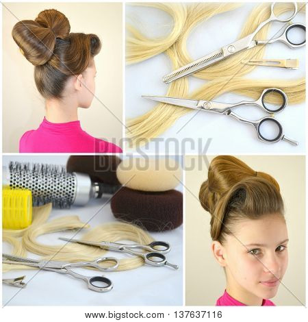 collage with hairstyles and hair accessories and hair strands