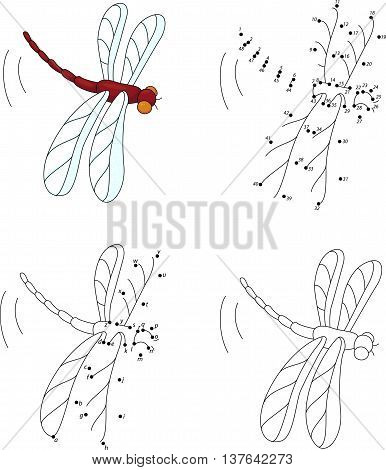Cartoon Red Dragonfly. Coloring Book And Dot To Dot Game For Kids