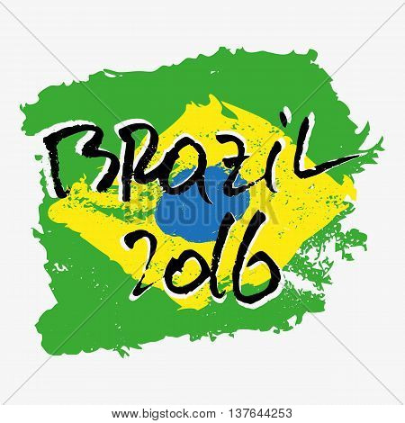Print with lettering about Rio de Janeiro and green yellow blue paint splashes in shape of brazilian flag on grey backdrop. Pattern for fabric textiles clothing shirts t-shirts. Vector illustration