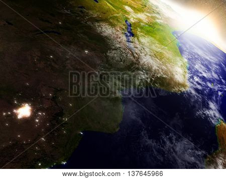 Mozambique And Zimbabwe From Space During Sunrise