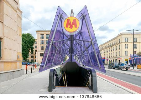 Warsaw Poland - July 26 2015: One of the main entrances of the subway station in the center of Warsaw.