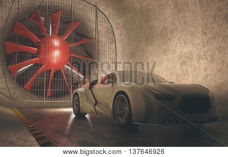 3D illustration concept car without reference based on real vehicles inside of windtunnel. Clipping path included.