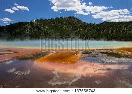 Steam rising from the Grand Prismatic Spring in Yellowstone National Park. Features reflection color and horizen.