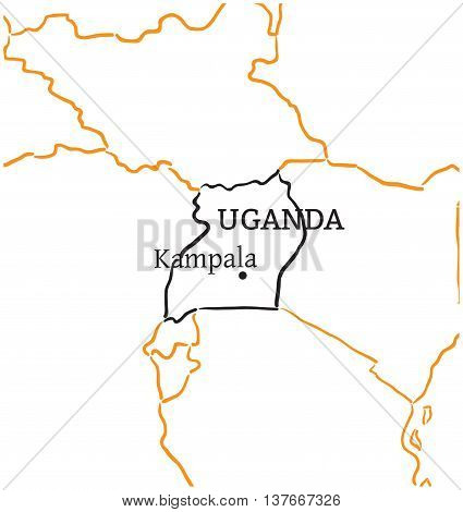 Uganda country with its capital Kampala in Africa hand-drawn sketch map isolated on white