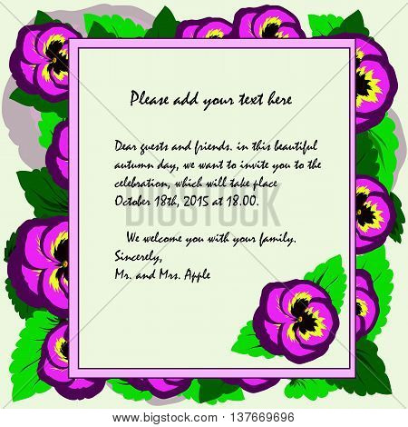 Invitation to the theme of autumn and autumn holidays viola flowers in bright colors to respect and positive. Text you can choose from an invitation to gratitude and congratulations.