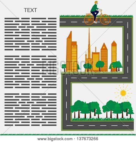 Concept vector booklet environmentally friendly clean city with a girl on a bicycle flat style