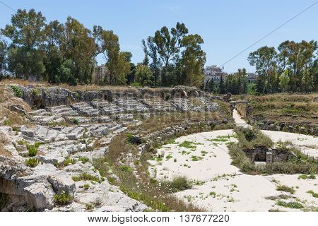 Historic theatre Romano of Syracusa at the island Sicily Italy