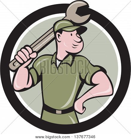 Illustration of a mechanic wielding holding spanner wrench looking to the side viewed from front set inside circle on isolated background done in cartoon style.