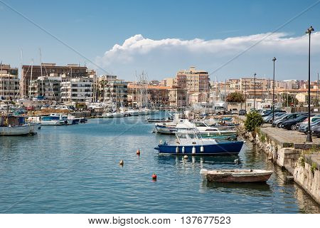 Harbor with yachts at Syracusa Sicily Italy