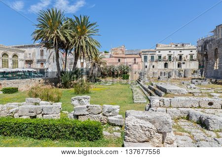Temple of Apollo ancient Greek monument in Ortigia Syracusa Sicily Italy