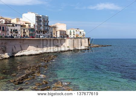 Coast of Ortigia island at city of Syracuse Sicily Italy