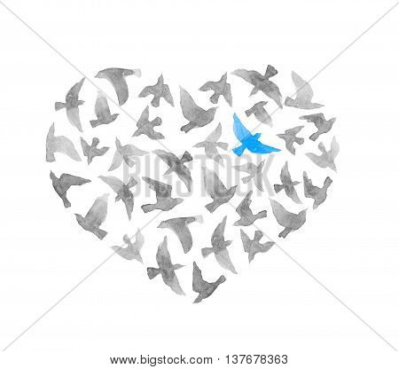 Heart with grey and lonly blue bird. Vintage watercolor