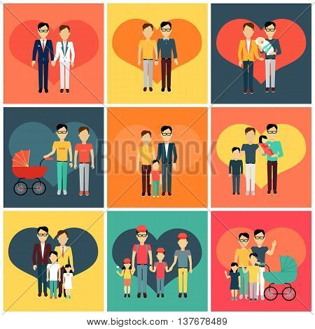 Set of happy family homosexual concept banner design flat style. Young family gay man with a son and daughter and a stroller for a newborn. Father with child happiness lifestyle, vector illustration