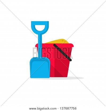 Bucket and spade with sand vector illustration flat icon isolated, kid toys tools symbol, pail shovel label, bucket and spade modern design banner, sandbox place sign ribbon design concept