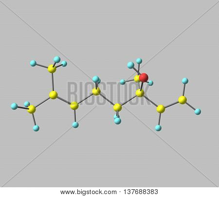 Linalool is a naturally occurring terpene alcohol chemical found in many flowers and spice plants with many commercial applications. 3d illustration