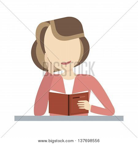 Young woman reading an open book and smiling. Vector illustration flat design