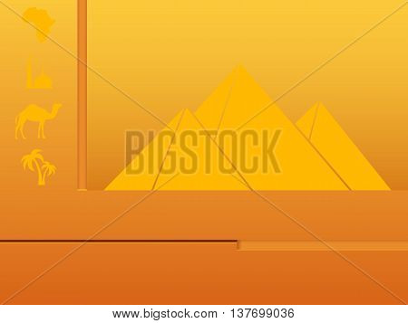 Website template for Africa. Pyramids, camels, palm trees, a mosque, a map. Vector illustration.